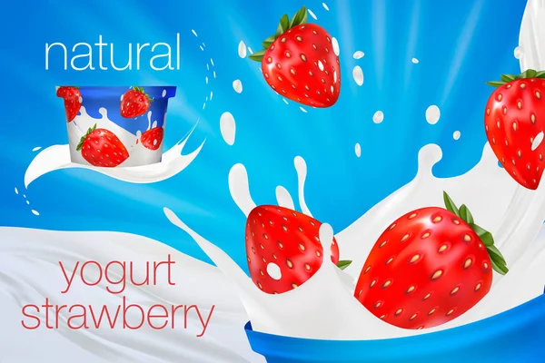 Anuncio de leche o promoción de sabor de yogur de fresa 3d. salpicadura de leche con frutas aisladas en azul. publicidad de avena instantánea, fondo de campo abierto, ilustración 3d — Archivo Imágenes Vectoriales