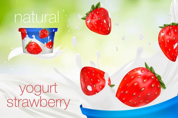 Süt reklam veya 3d çilekli yoğurt lezzet promosyon. süt sıçrama yeşil doğa arka plan üzerinde izole meyve ile. anlık yulaf ezmesi reklam, açık alan arka plan, 3d çizim