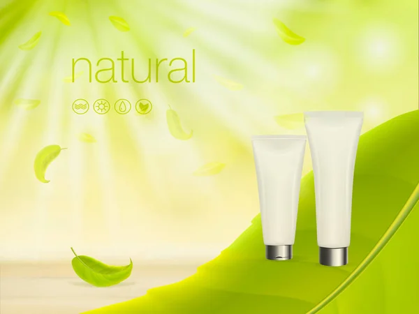 ベクトル緑の化粧品広告、化粧テンプレート、皮およびボディ クリーム空白パッケージ自然背景と 3 d イラスト. — ストックベクタ