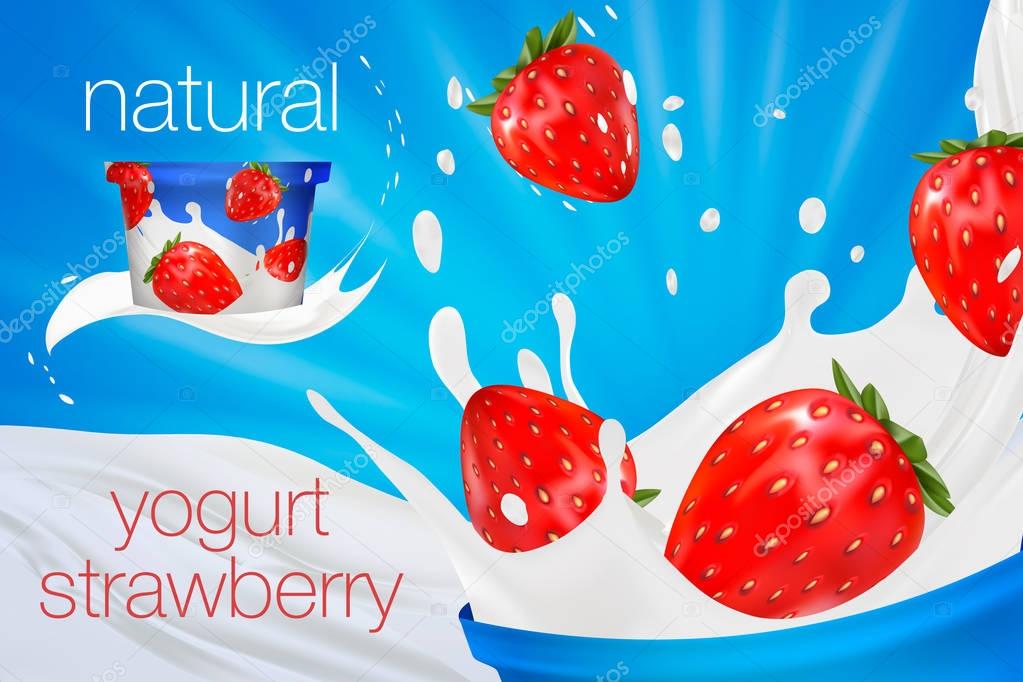Milk ad or 3d strawberry yogurt flavour promotion. milk splash with fruits isolated on blue. instant oatmeal advertising, open field background, 3d illustration