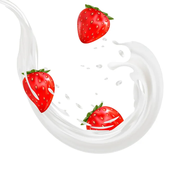 3d fragola yogurt sapore annuncio promozione. spruzzi di latte con frutti isolati su bianco . — Vettoriale Stock