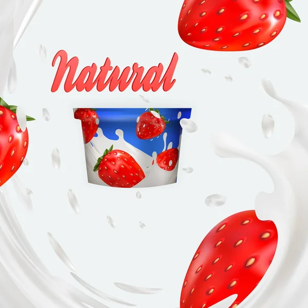 Anuncio de leche o promoción de sabor de yogur de fresa 3d. salpicadura de leche con frutas aisladas en blanco. publicidad de avena instantánea, fondo de campo abierto, ilustración 3d — Vector de stock