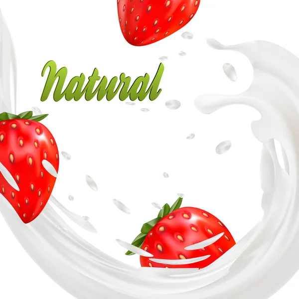 Promoción del sabor del yogur de fresa 3d. salpicadura de leche con frutas aisladas en blanco . — Vector de stock