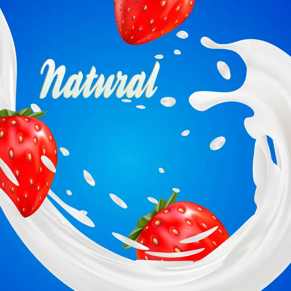 Promoción del sabor del yogur de fresa 3d. salpicadura de leche con frutas aisladas en azul. corona de producto diaria . — Vector de stock