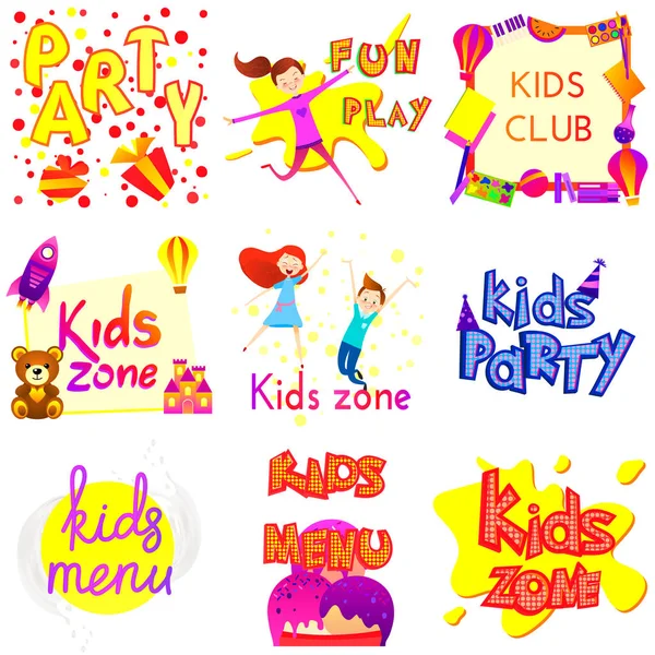 Juego de banners Kids Zone aislado sobre blanco. Estilo de dibujos animados. Zona de juegos infantil, Menú, Fiesta, Logotipos del club. Vector. Divertido personaje infantil. Chicas y niños con juguetes. Folleto de plantilla publicitaria . — Vector de stock