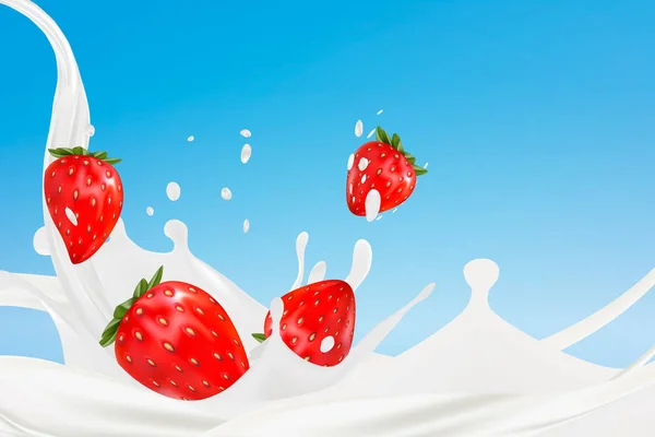 Salpicadura de leche con fresas. Ilustración realista vector 3d creado por malla. 3d renderizar . — Vector de stock