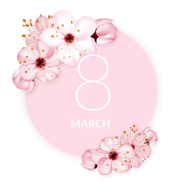 8 Μαρτίου Διεθνές Γυναικείο ημέρα φόντο με λουλούδια. Άνοιξη της κερασιάς σχεδιασμού ευχετήρια κάρτα. — Διανυσματικό Αρχείο