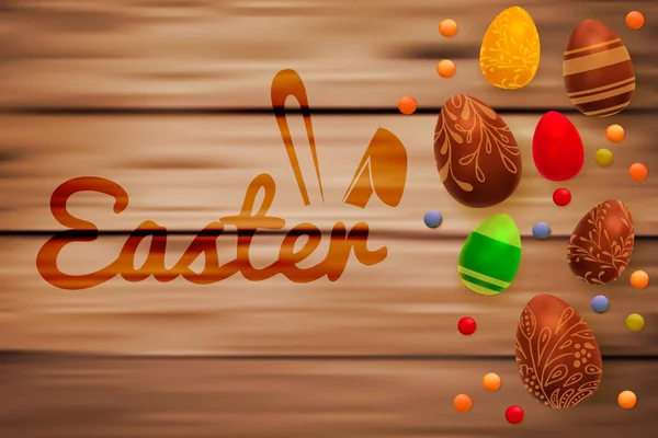 Composição de Páscoa com ovos de chocolate no fundo de madeira, espaço para texto. 3d renderizar ilustração vetorial realista . — Vetor de Stock