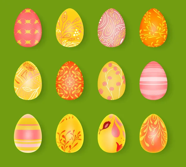 Happy Easter. Set of Easter eggs with different texture. 3d render realistic vector illustration. Spring holiday design. — Stock Vector