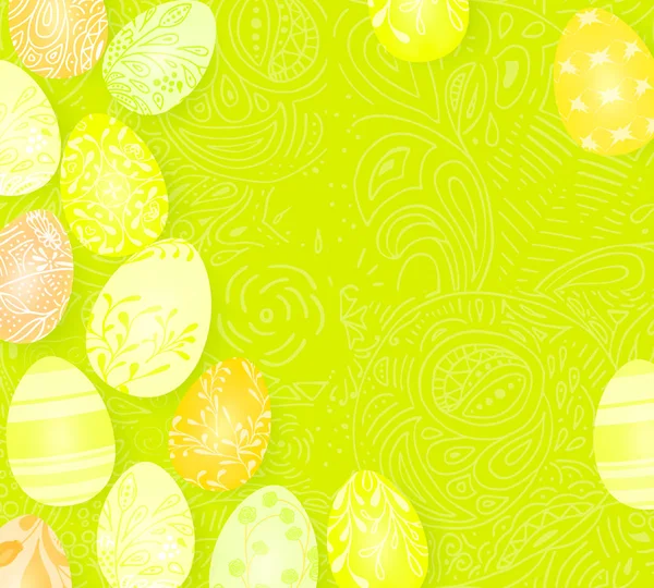 Happy Easter. Template vector card with realistic 3d render eggs, candies. Doodles hand drawn elements background. — Stock Vector