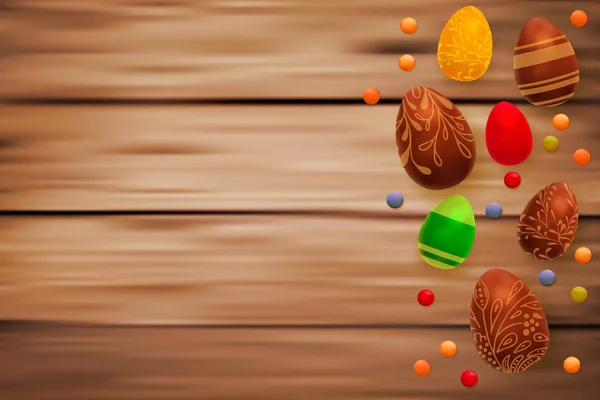 Composição de Páscoa com ovos de chocolate no fundo de madeira, espaço para texto. 3d renderizar ilustração vetorial realista . — Vetor de Stock