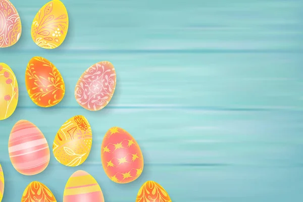 Composition de Pâques avec des œufs en chocolat sur fond en bois de couleur, espace pour le texte. Illustration vectorielle réaliste de rendu 3D . — Image vectorielle