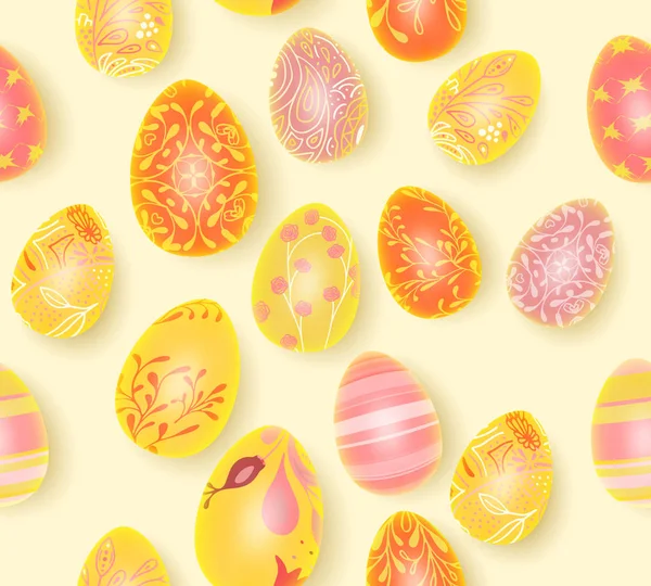 Happy Easter. Seamless Easter eggs pattern with different texture. 3d render realistic vector illustration. Spring holiday design. — Stock Vector