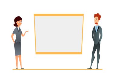 iş konferans sunumu, takım eğitim. Çizgi film karakterleri şirket ortamında boş beyaz tahta veya beyaz ofis flipchart göster. Genç kadın, yarı rahat takım elbiseli adam. vektör