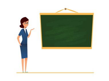 Öğretmen, rehber ya da çalıştırıcı ayakta boş okul yazı tahtası önünde. vektör çizim. Kadın eğitmen olarak işaretleme ve gösterme veya mevcut ders gözlük