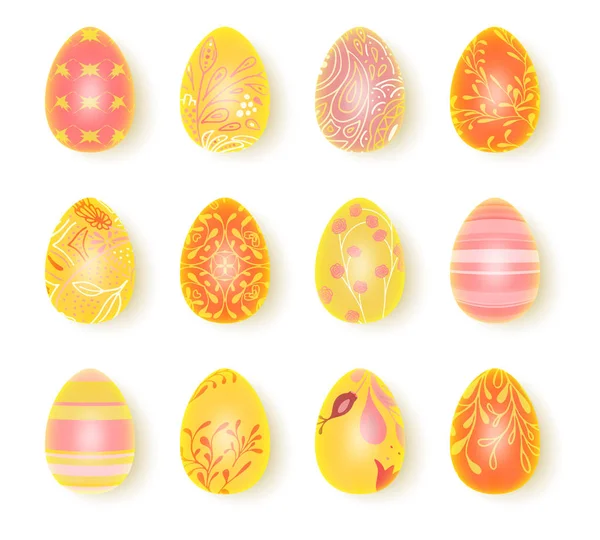 Happy Easter. Set of Easter eggs with different texture. 3d render realistic vector illustration. Spring holiday design. — Stock Vector
