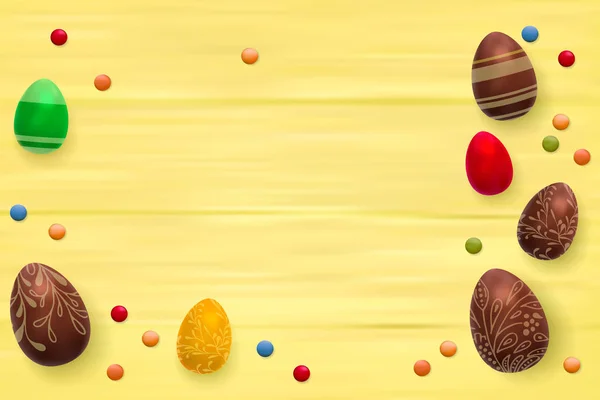 Easter composition with chocolate eggs on color wooden background, space for text. 3d render realistic vector illustration — Stock Vector
