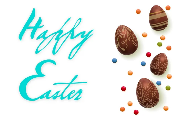 Happy Easter Handwriting text. Template vector card with realistic 3d render eggs, candies. isolated over white background — Stock Vector
