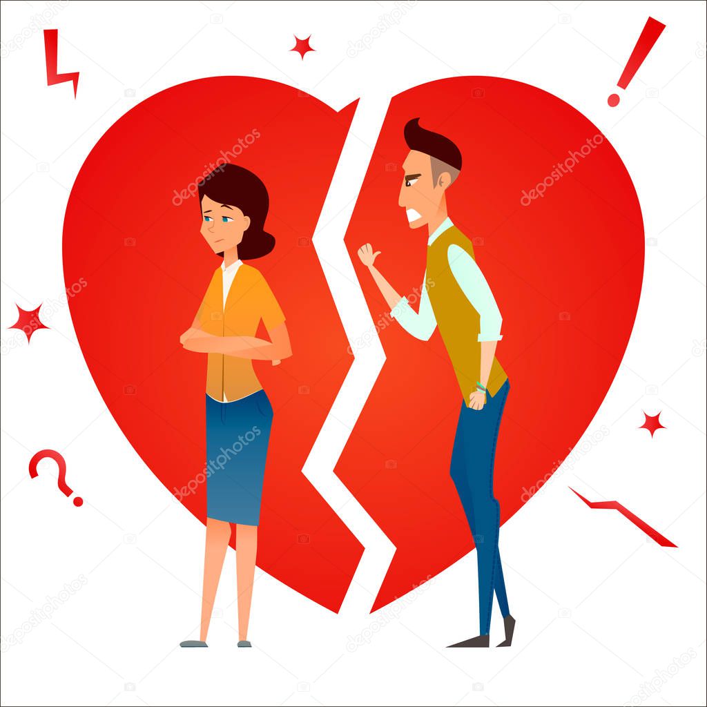 Divorce. Fight and argue. Two people quarrel. Family conflict. Break up relationship. Married couple man and woman angry, sad against broken heart.. Cartoon characters. Vector illustration.