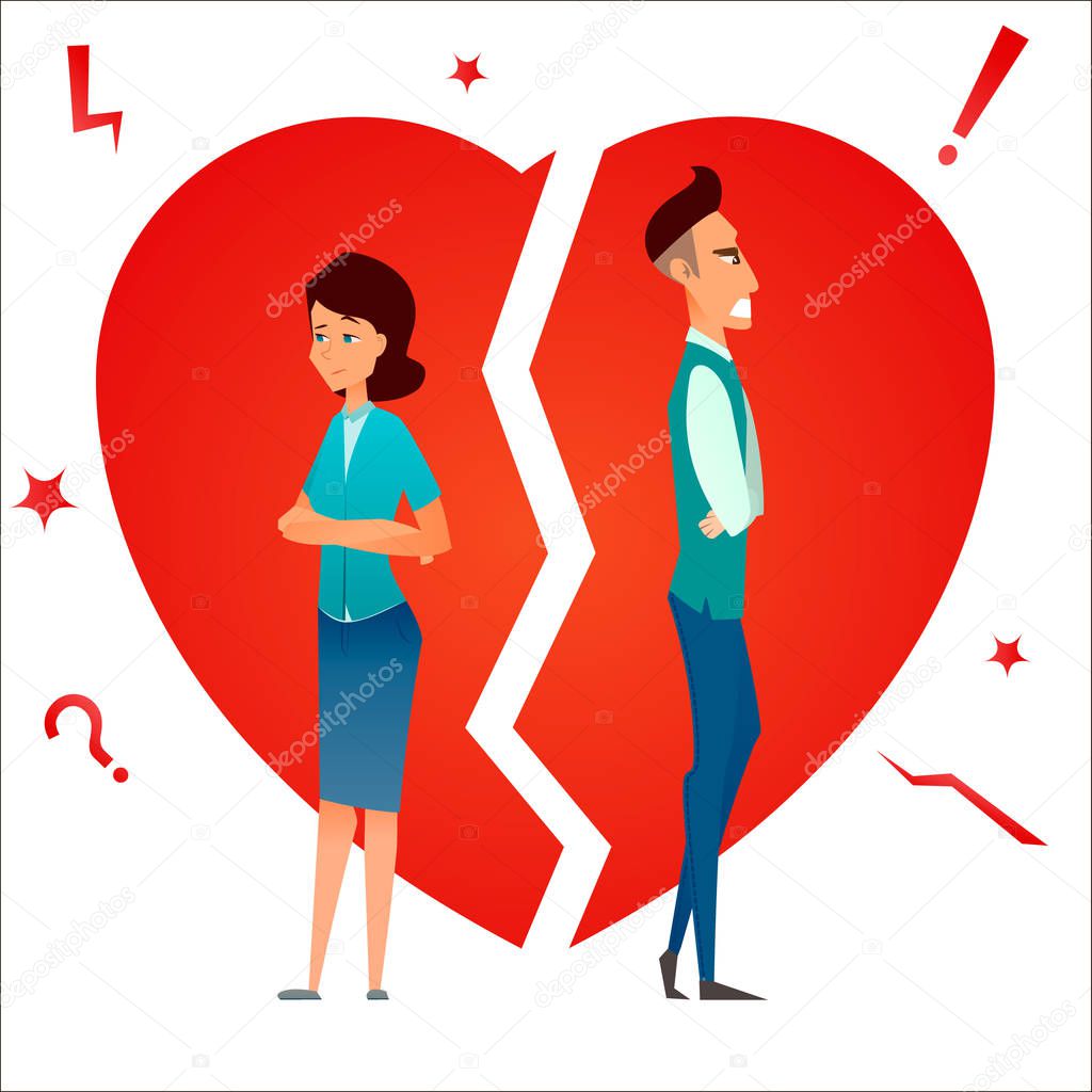 Divorce. Family conflict. Break up relationship. Married couple man and woman angry and sad against broken heart. Cartoon characters. Vector illustration