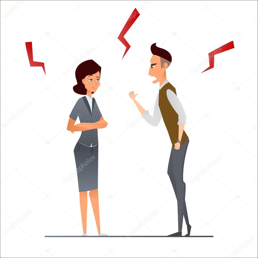 Businessman and businesswoman argue. Rude boss angry, yell and quarrel. Work conflict. Human resources problem. vector illustration cartoon character.