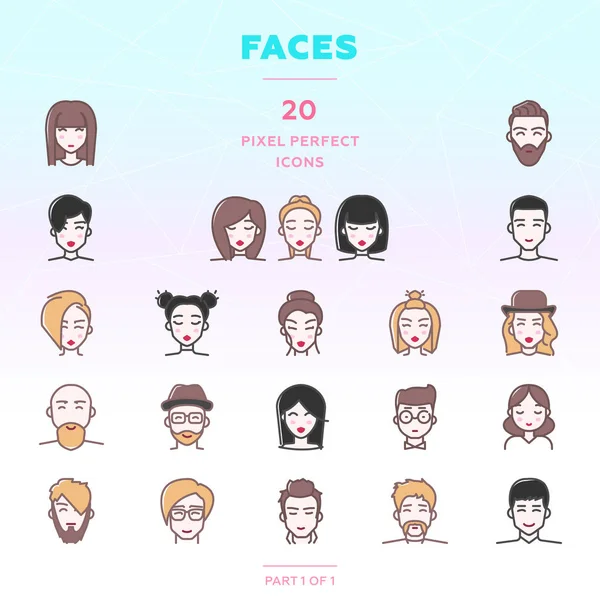 Mensen pictogrammenset met natuurlijk gekleurd haar en gekleurde gezichten — Stockvector
