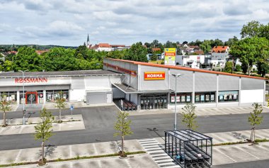 Herzogenaurach, Germany - June 24, 2018: Exterior view of a newly opened modern store of the food discounter NORMA in the Bavarian town of Herzogenaurach in Germany.