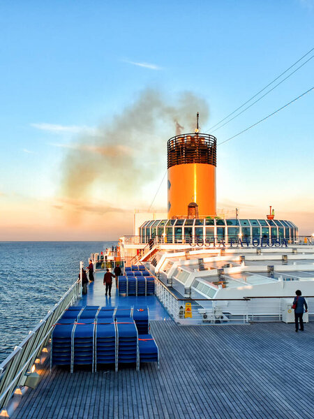 Baltic Sea, Germany - July 14, 2017: View over the outer deck of the cruise ship Costa Favolosa of the shipping company Costa Cruises during the voyage on the Baltic Sea in the evening.
