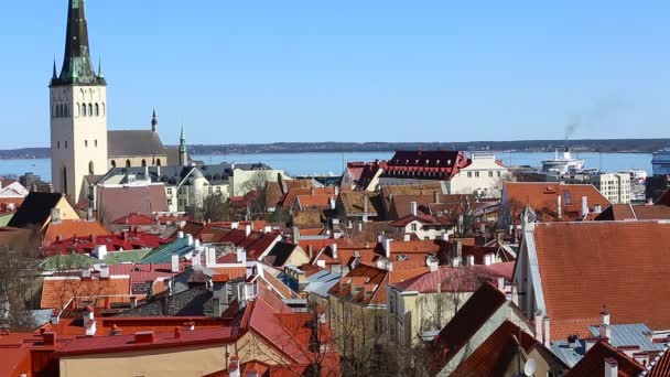 Вид с воздуха на старый город в Таллине, с красными крышами и церковью в центре города. Архитектура, старые дома, улицы и кварталы. Старый город — стоковое видео