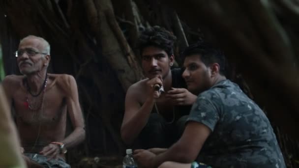 Arambol, Goa, Hindistan - Novomber 30, 2017: Hint baba ve ateş ve sigara ot yapım büyük Hint inciri ağacı altında oturan arkadaşı — Stok video