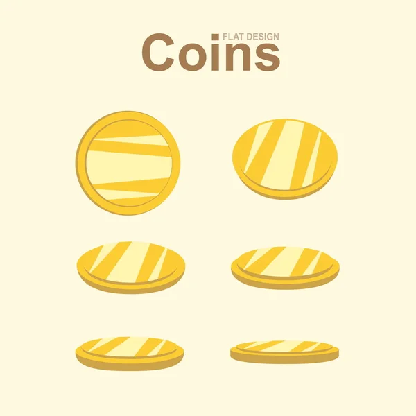 Sada zlaté mince v různých polohách, zlaté peníze vektor — Stockový vektor