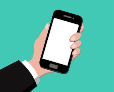 Yeşil arka planda, düz tasarlamak vektör akıllı telefon tutan el