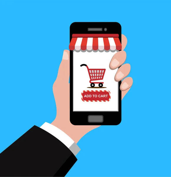 Holding smartphone dağ eteğindeki taş yığını üzerinde alışveriş sepeti ile el, vektör