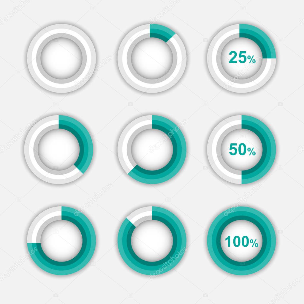 Set of green pie chart, circle infographic vector