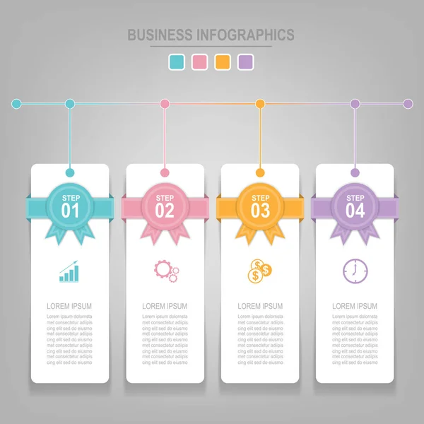 Infographics sjabloon van vier stappen op pleinen — Stockvector