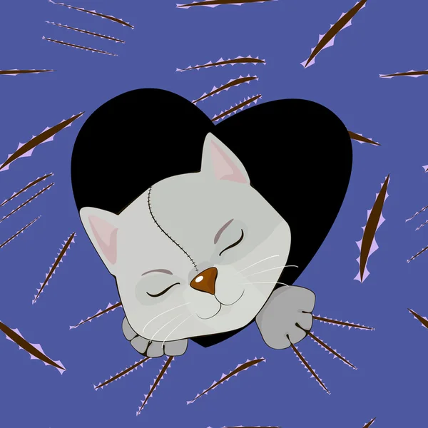 Dessin animé chat gris dans le coeur sur fond de rayures . — Image vectorielle