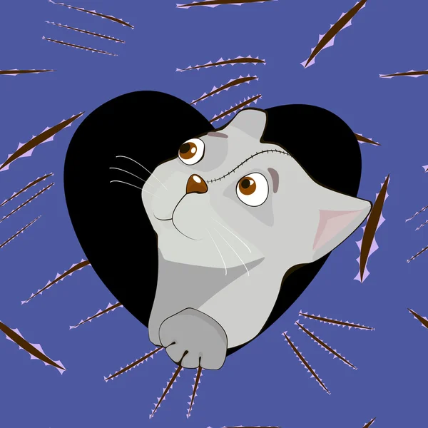 Kreslená šedá kočka v srdci na pomocné pozadí. — Stockový vektor