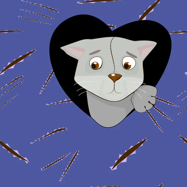Dessin animé chat gris dans le coeur sur fond de rayures . — Image vectorielle