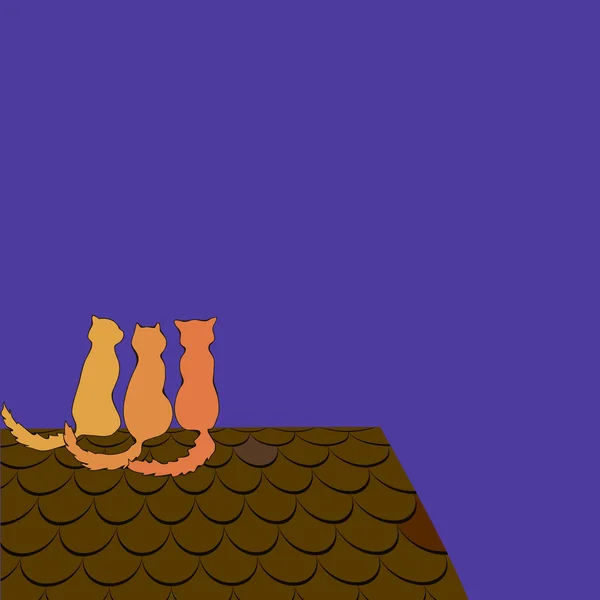Tres gatos sentados en la raíz de la noche — Vector de stock