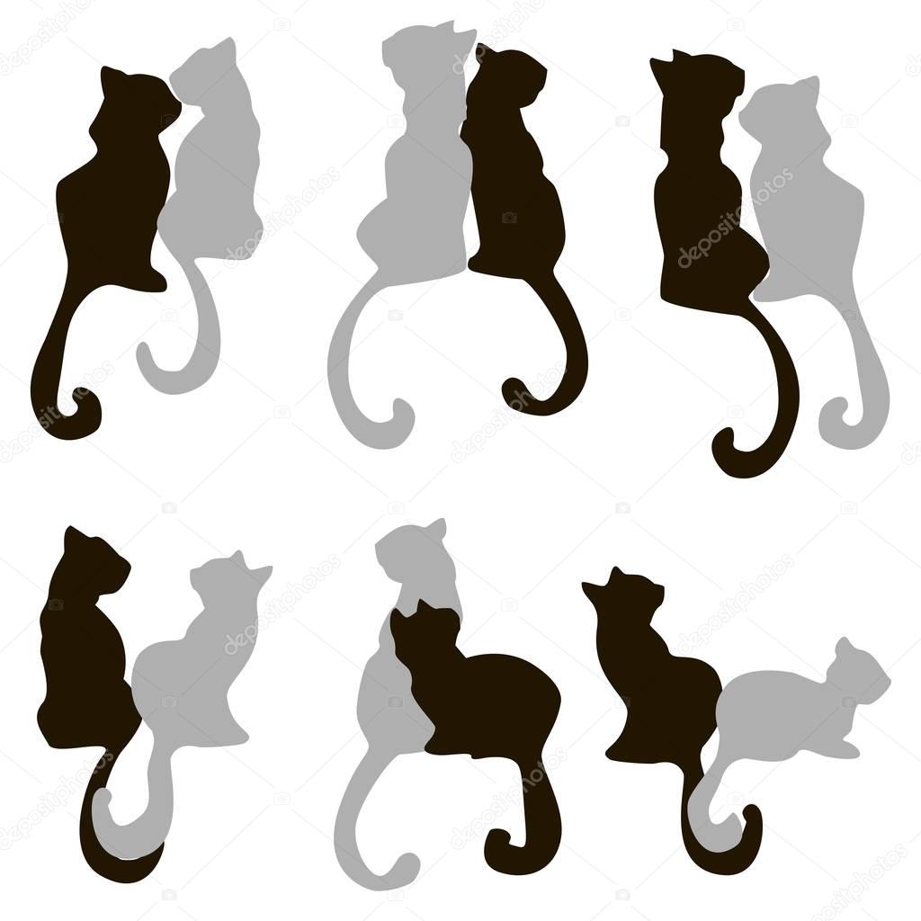 set of silhouettes of cats couples