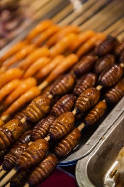 Pekin, Çin 'de bir gıda pazarında ızgara ve kızarmış ipek böceği pupası..