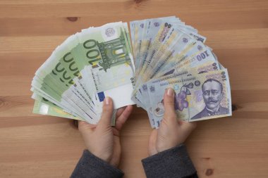 Romen Lei para birimi ve Euro banknotlarını sayan kız elleri, kapat