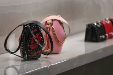 Paris, Fransa - 3 Mart 2019: Alexander Mcqueen el çantası Paris 'te bir mağazada, Mart 2019.