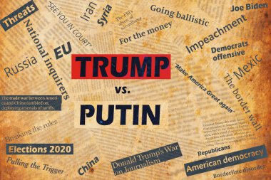 New York, USA - January 04, 2020: Ilustrative collage with newspaper headlines and text about the conflict between US President Donald Trump and Russia's leader Vladimir Putin. clipart
