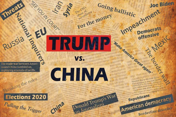 New york, usa - 04. januar 2020: illustrative collage mit schlagzeilen und texten über den konflikt zwischen uns präsident donald trump und porzellan. — Stockbild New York Usa Januar 2020 Illustrative Collage Mit Schlagzeilen Und — Stockfoto