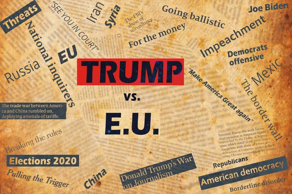 New york, usa - 04. januar 2020: illustrative collage mit schlagzeilen und texten über den us president donald trump und die europäische union. — Stockbild New York Usa Januar 2020 Illustrative Collage Mit Schlagzeilen Und — Stockfoto