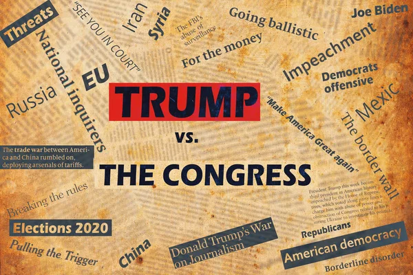 New york, usa - 04. januar 2020: illustrative collage mit schlagzeilen und texten über den konflikt zwischen uns präsident donald trump und uns kongress. — Stockbild New York Usa Januar 2020 Illustrative Collage Mit Schlagzeilen Und — Stockfoto