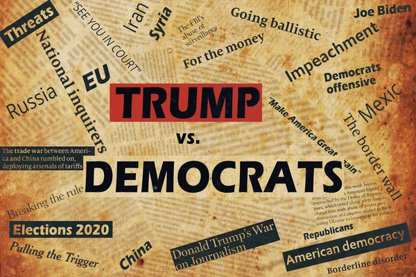 New york, usa - 04. januar 2020: illustrative collage mit schlagzeilen und texten über den us-präsidenten donald trump und die demokratische partei. — Stockbild New York Usa Januar 2020 Illustrative Collage Mit Schlagzeilen Und — Stockfoto