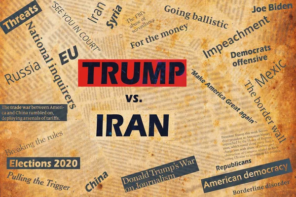 New york, usa - 04. januar 2020: illustrative collage mit schlagzeilen und texten über den konflikt zwischen uns präsident donald trump und iran. — Stockbild New York Usa Januar 2020 Illustrative Collage Mit Schlagzeilen Und — Stockfoto