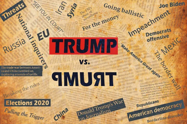 New york, usa - 04. januar 2020: illustrative collage mit schlagzeilen und texten über den us-präsidenten donald trump. — Stockbild New York Usa Januar 2020 Illustrative Collage Mit Schlagzeilen Und — Stockfoto